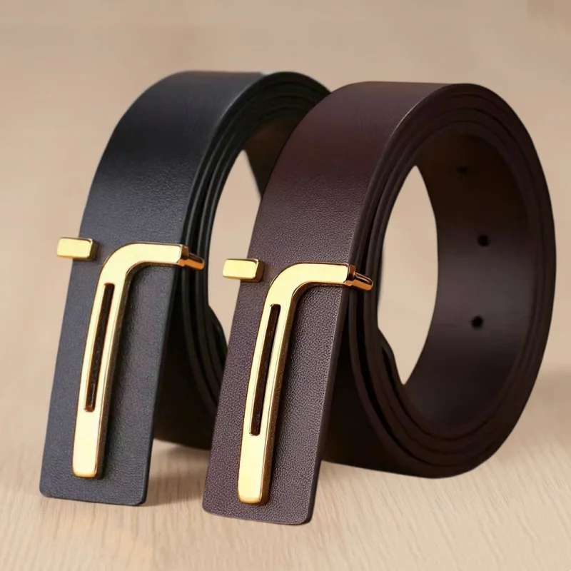 Men's Leather Belt Fashion Casual T-Shaped Slide Buckle PU Leather Suitable for Suits and Jeans Business Luxury Designer Belt