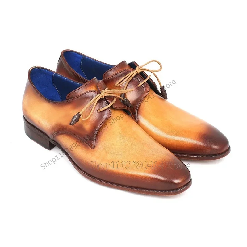 

Brown Yellow Gradient Color Strappy Men Derby Shoes Fashion Lace Up Men Shoes Luxurious Handmade Party Banquet Men Dress Shoes