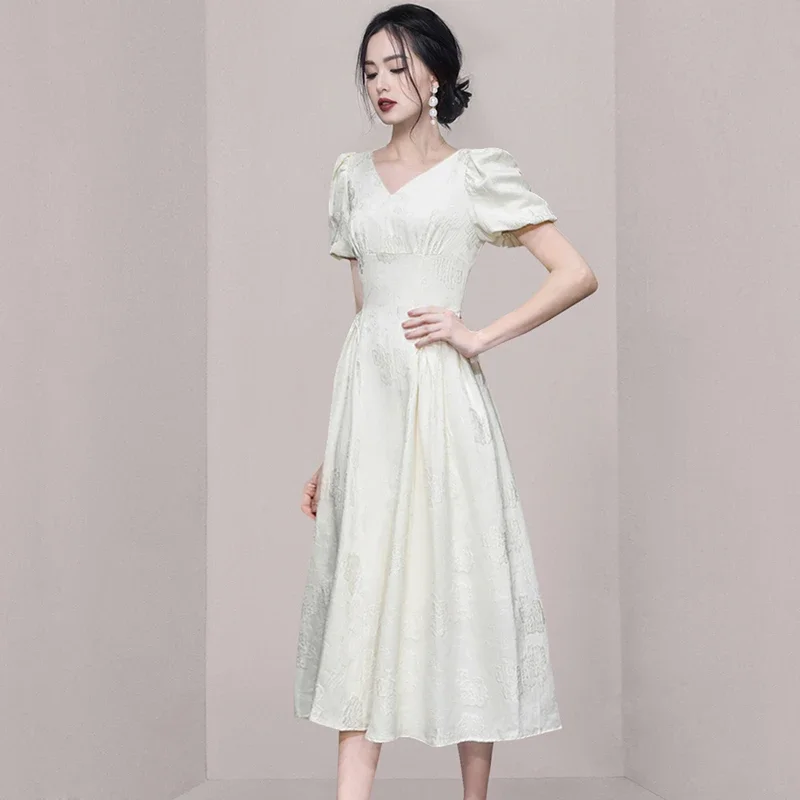 

New Puff Sleeve Office Ladies Slim Dress 2024 High Quality Summer Elegant Jacquard Clothing Vestidos Party Long Evening Dress