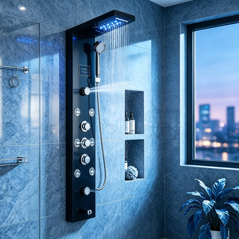 Duschpaneel-Turmsystem mit Regendusche und Wasserfall, Hydroelektrizitäts-LCD-Display, Massage-Körper-Spa-Badewannenarmatur