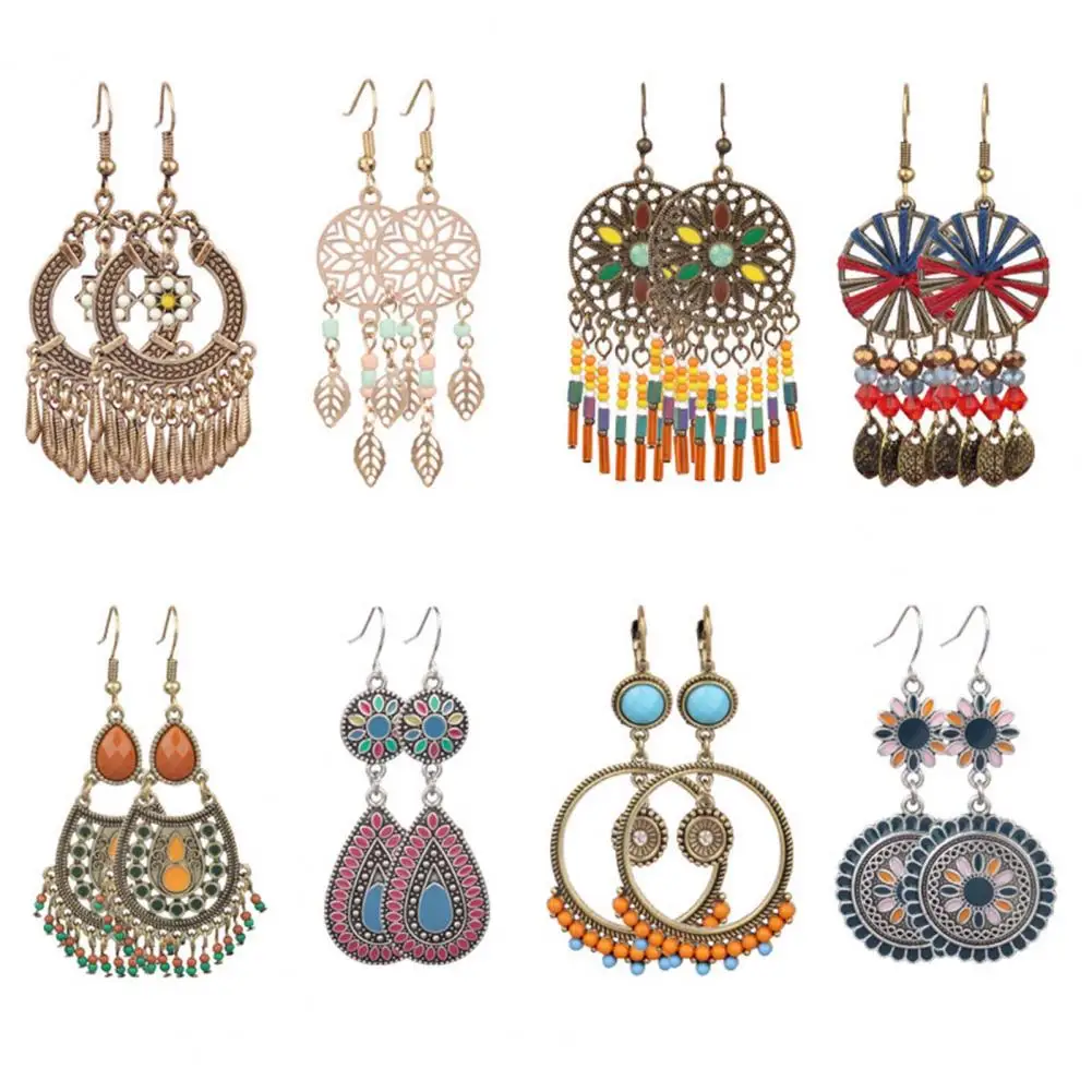1 Pair Beads Multicolor Shiny Drop Earrings Bohemian Hollow Vintage Hook Earrings Party Jewelry