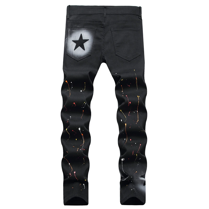 Personality Hand-Painted 5-Point Star Print Jeans 2023 Black Fashion Mid-Waist Elastic Slim Casual Pants Hip Hop Motorcycle Clot