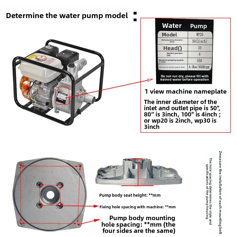ウォーターポンプアクセサリー用 2/3/4 インチ 168F 170F 自吸ポンプフランジプレート