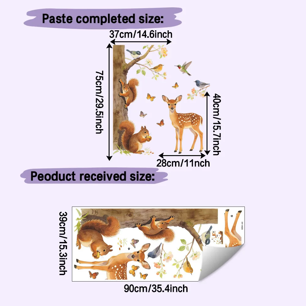 Forest Animal Window Sticker Cute Deer Squirrel on Branch Wall Decal Removable Self-Adhesive PVC Mural Home Wall Stickers