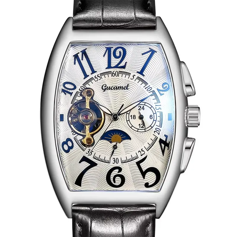 Men\'s Star Morning Tourbillon Hollow Automatic Mechanical Watch Leather Strap Rectangle Business Clock Male Gift