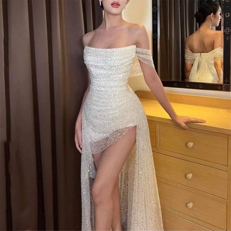 

Sparkly Long Prom Dresses for Women Off the Shoulder Floor-Length Mermaid 2023 Evening Party Special Events Wedding Dance Dress