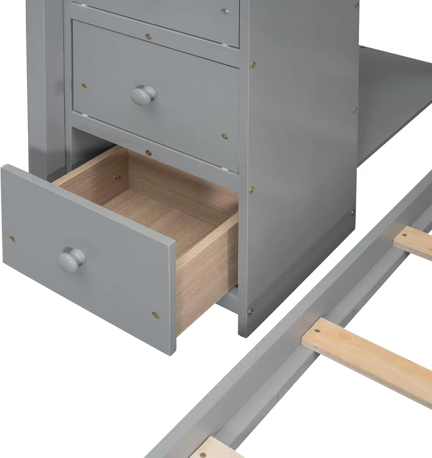 سرير بطابقين على شكل حرف L مع سلالم ومساحة تخزين ، إطار سرير خشبي ، 4 أدراج وأرفف من 3 طبقات ، سرير مزدوج ، سرير سفلي كامل