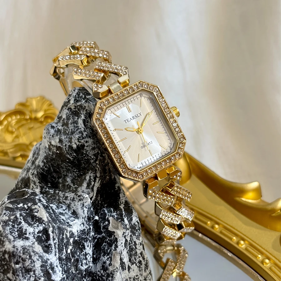 ‌Elegant Rectangular Diamond Dial Diamond Cuban Link Bracelet Gold Watch for Woman