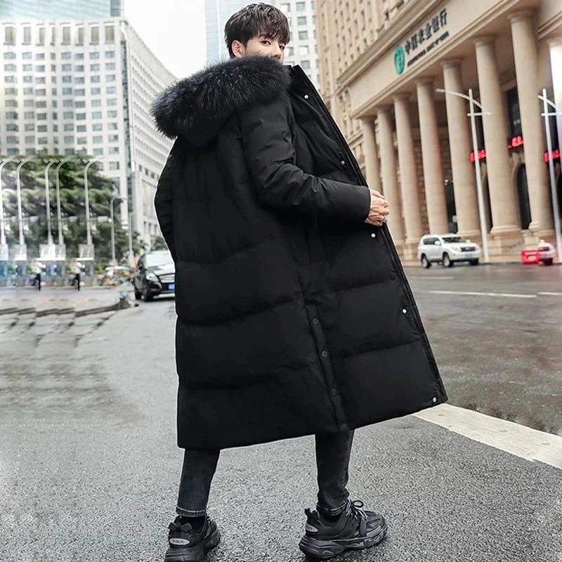 Down Jacket Men's Long Knee Length Thick Warm Duck Loose Size Puffer For Men With Real Fur Collar Coat Man