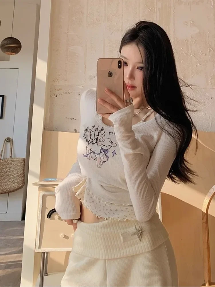 Deeptown Kawaii Cartoon Print T Shirts Women Coquette Aesthetic Lace Fake Two Piece Tees Sweet Cute Graphic Long Sleeve Tops