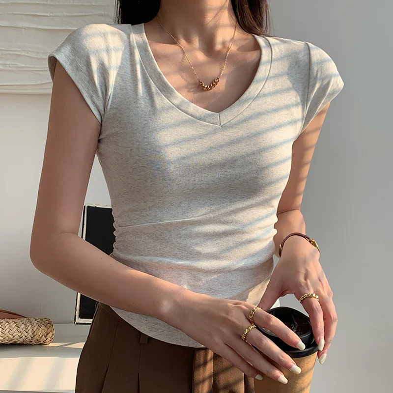 

Cotton T Shirts Women 2025 Summer Slim Solid Basic Tees Top Casual T-shirt For Womans Korean Sexy Female V Neck Tshirts Tops
