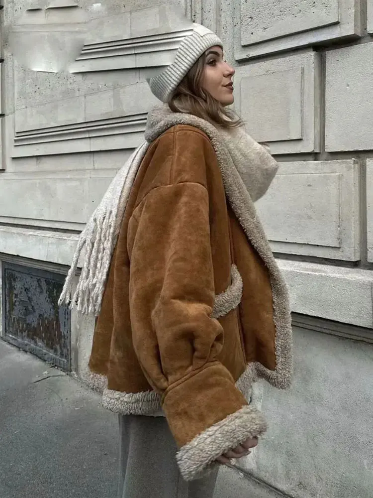 Manteau d'épissure en laine d'agneau pour femme, revers, manches longues, poches, vestes amples et épaisses, Streetwear d'hiver, vêtements d'extérieur noirs, 2025