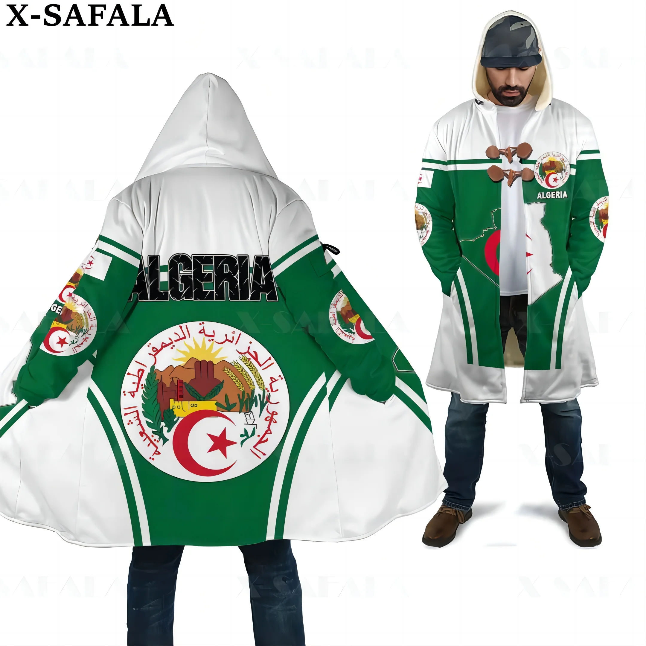 Algeria Emblem Action Flag Country Art  Thick Warm Hooded 3D Print Cloak Men Overcoat Coat Windproof Fleece Cape Robe Blanket-2