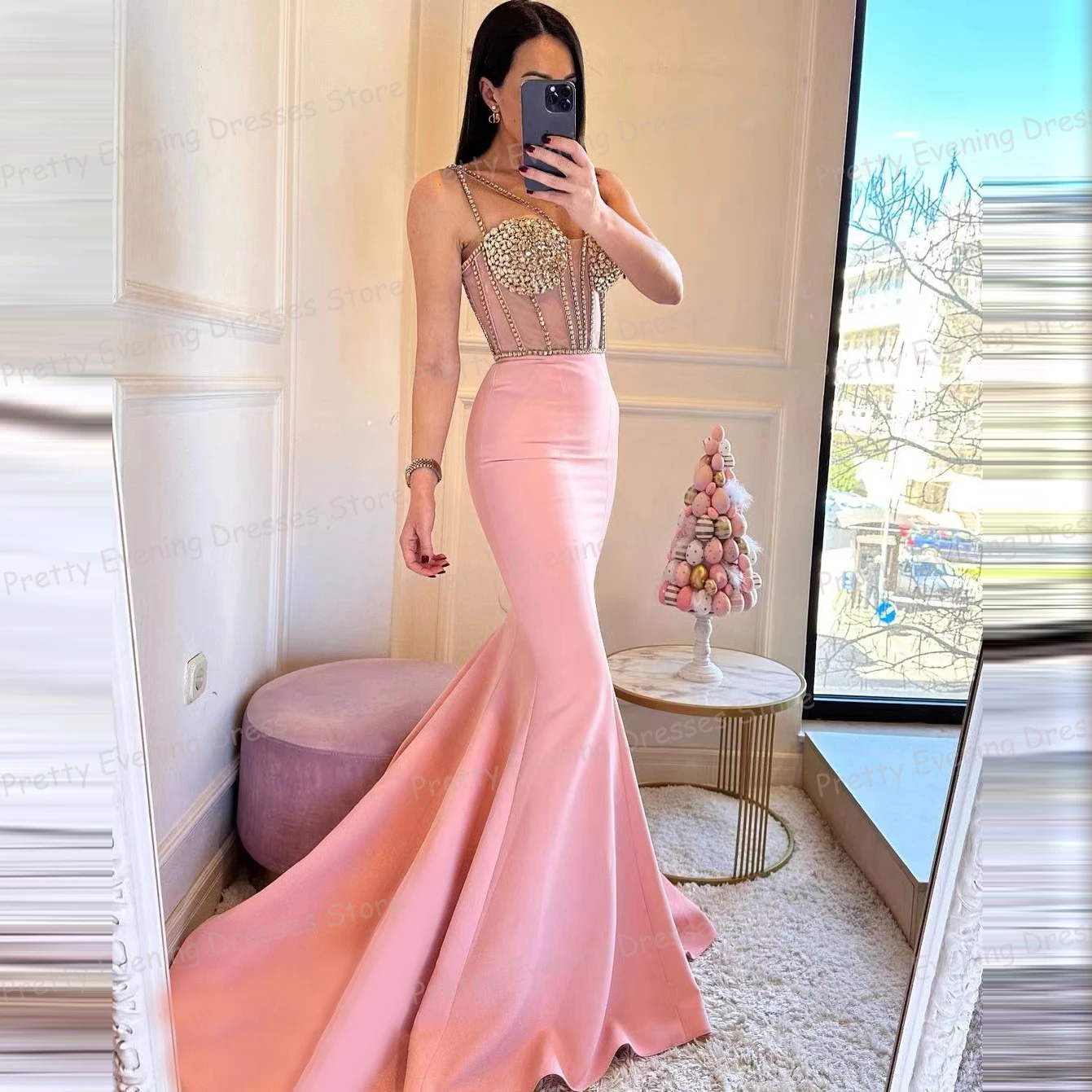 

Exquisite Pink Evening Dresses Woman's Mermaid Sexy Spaghetti Strap Sweetheart Prom Growns Satin Beach Party Vestidos De Gala