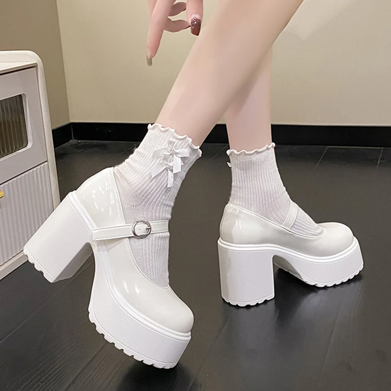 Chunky Platform High Heels Pumps Women 2026 Autumn Pu Leather Ankle Buckle Mary Jane Shoes Woman Thick Heeled White Lolita Shoes