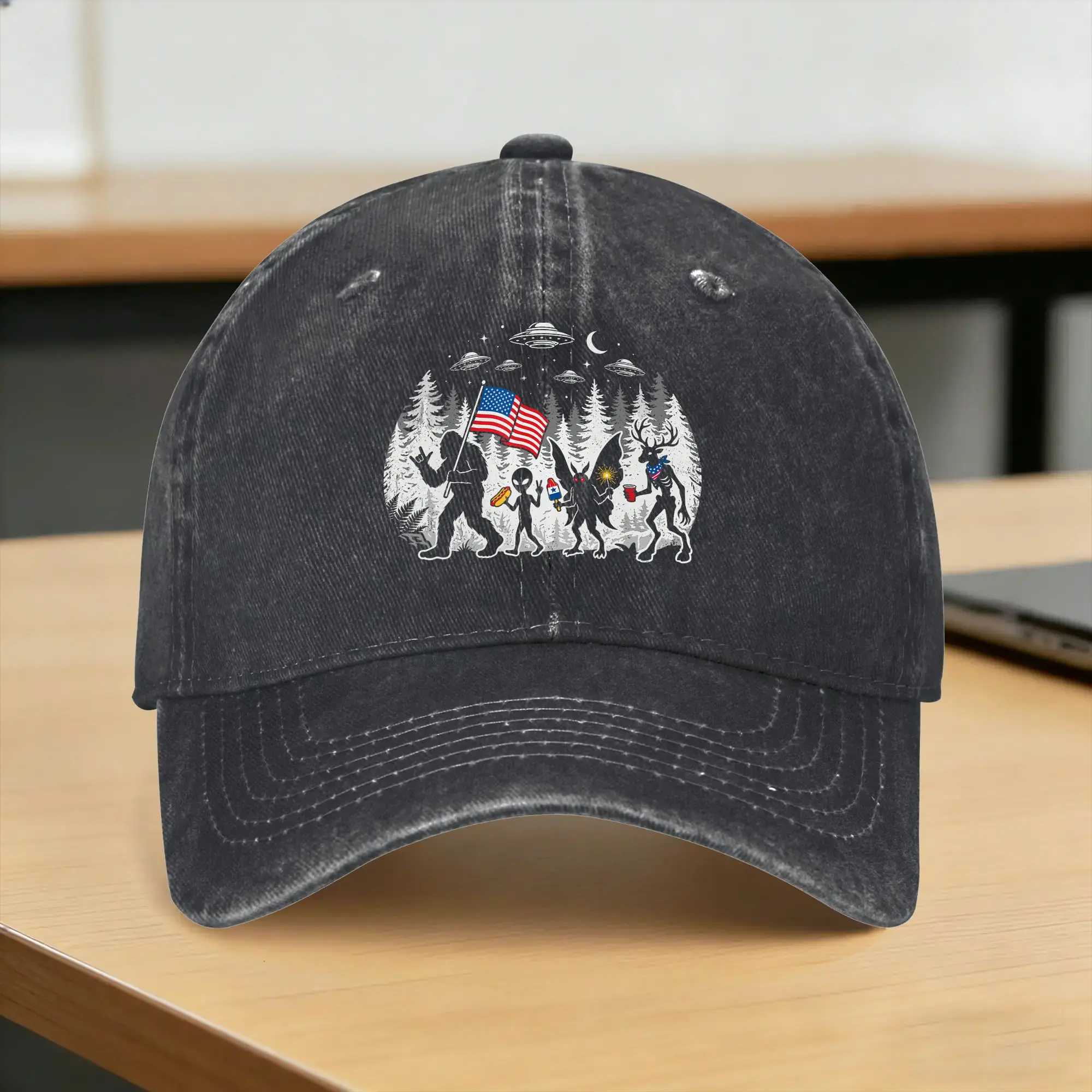 Funny Bigfoot Alien Patriotic 4th of July UFO Forest Sun Baseball Cap  y2k Funny Unisex-Teens Washed Hip Hop Hats Sun-Proof Cap