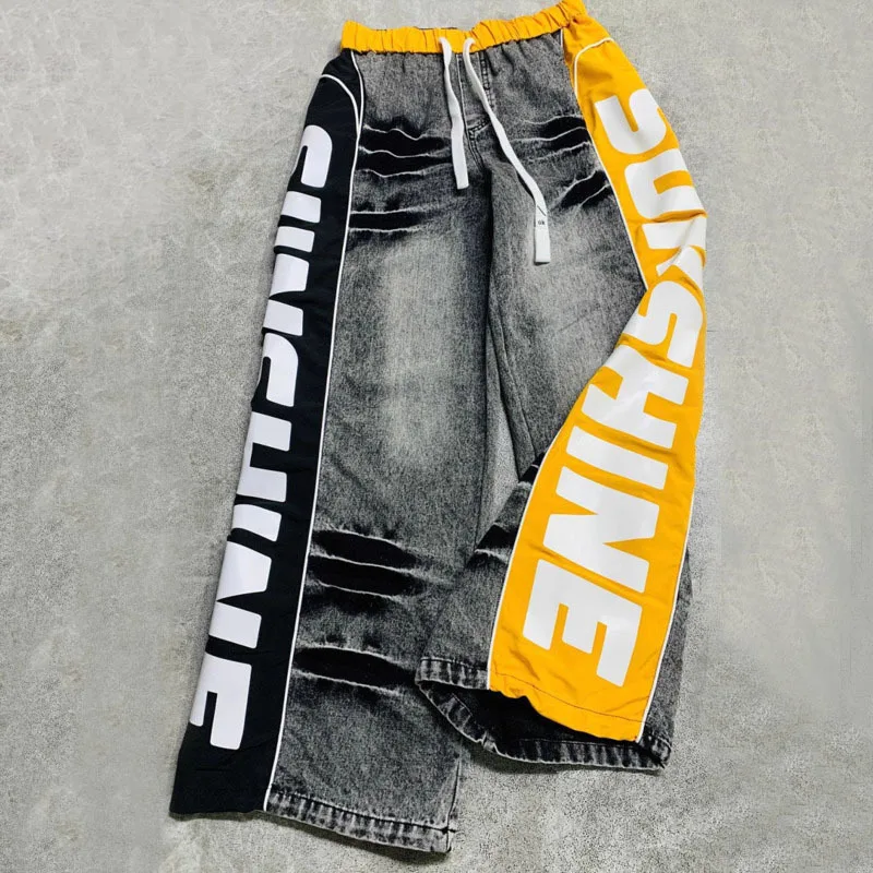 ANJY ฤดูใบไม้ร่วงใหม่ผู้หญิงกางเกงยีนส์ DENIM Patchwork ด้านข้างพิมพ์สายรัดเอวยางยืด Streetwear Casual Chic กางเกง A8764