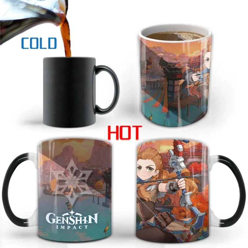 Genshin Color Changing Coffee Mugs  Zhongli Beelzebul Creative Ceramic Heat Sensitive Temperature Water Cups Birthday Gifts