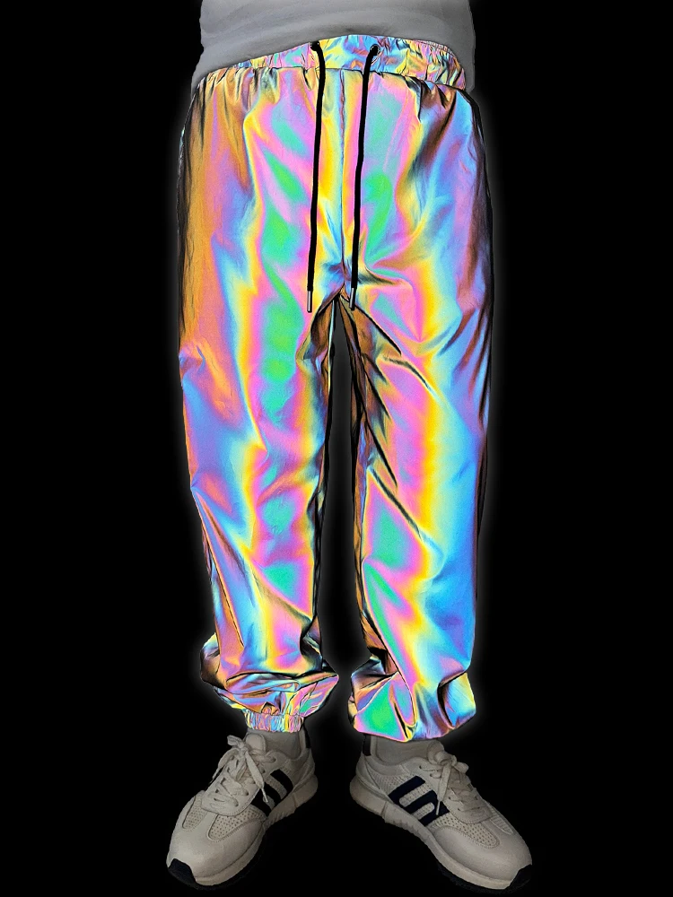 Colorful Reflective Pants Men's Loose Outdoor Safety Bright Jogging Sweatpants Casual Trousers Stage Performance Hip-hop Clothes