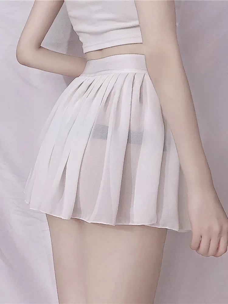 Summer Chiffon Pleated Skirts High Waist A Line Skirts Sheer Transparent Sexy Mini Micro Skirts Breathable Slim Butt Clothing