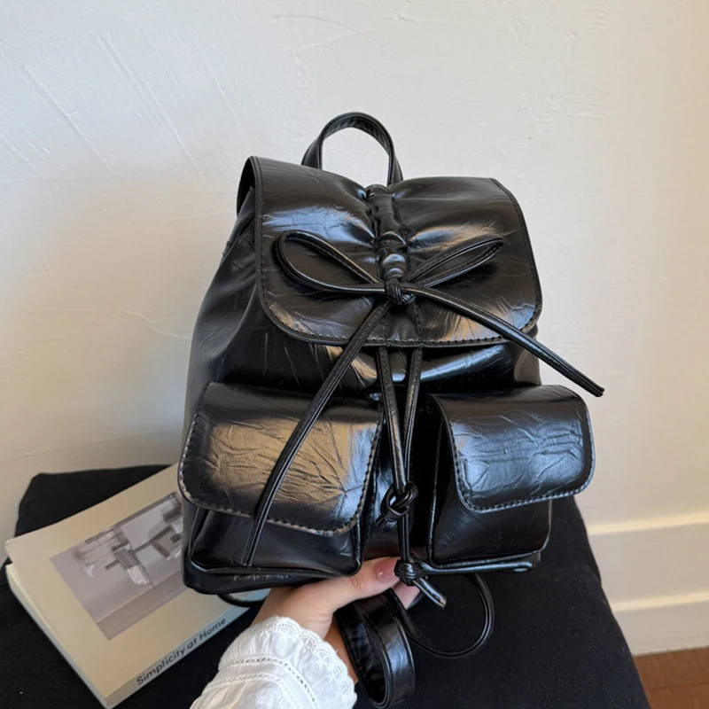Korean Bow Pleated Backpack for Women Fashion Multi Pocket Student PU School Bags Versatile Leisure Travel Small Backpacks