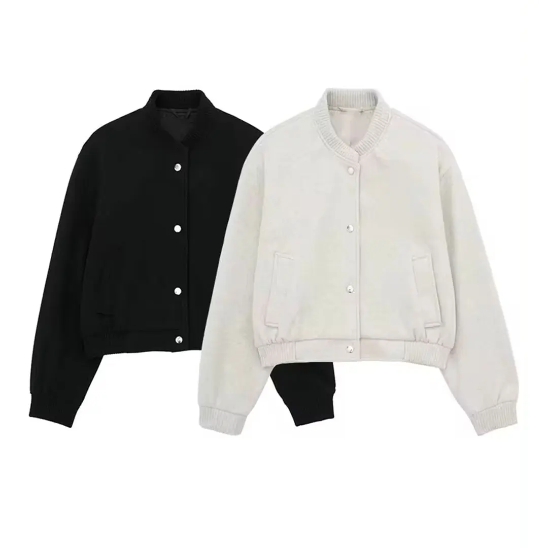 2024 Woman Solid Bomber Jacket Long Sleeves Loose Female Short Cardigan Top Wild Commute Streetwear Women's New In Coat