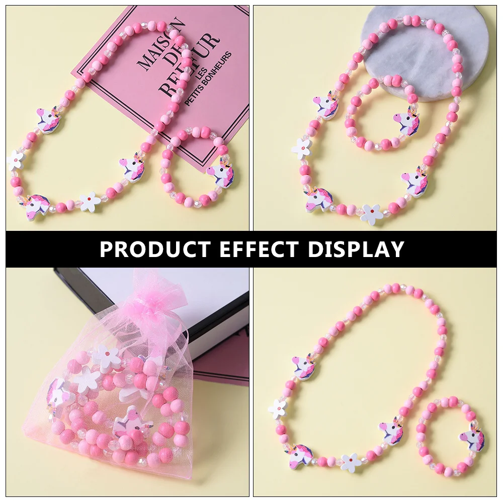 Conjunto de collar y pulsera de cuentas para niños, 2 uds., con colgante de unicornio, cuentas de madera de arcoíris, joyería para fiesta de disfraces y Festival