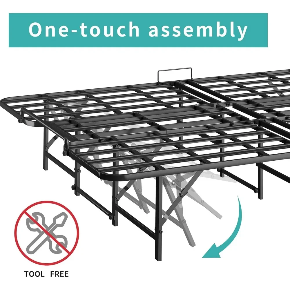 Queen Foldable Bed Frame, 14.2" High Portable Metal Platform Bed Frame with Tool Free Setup,Black