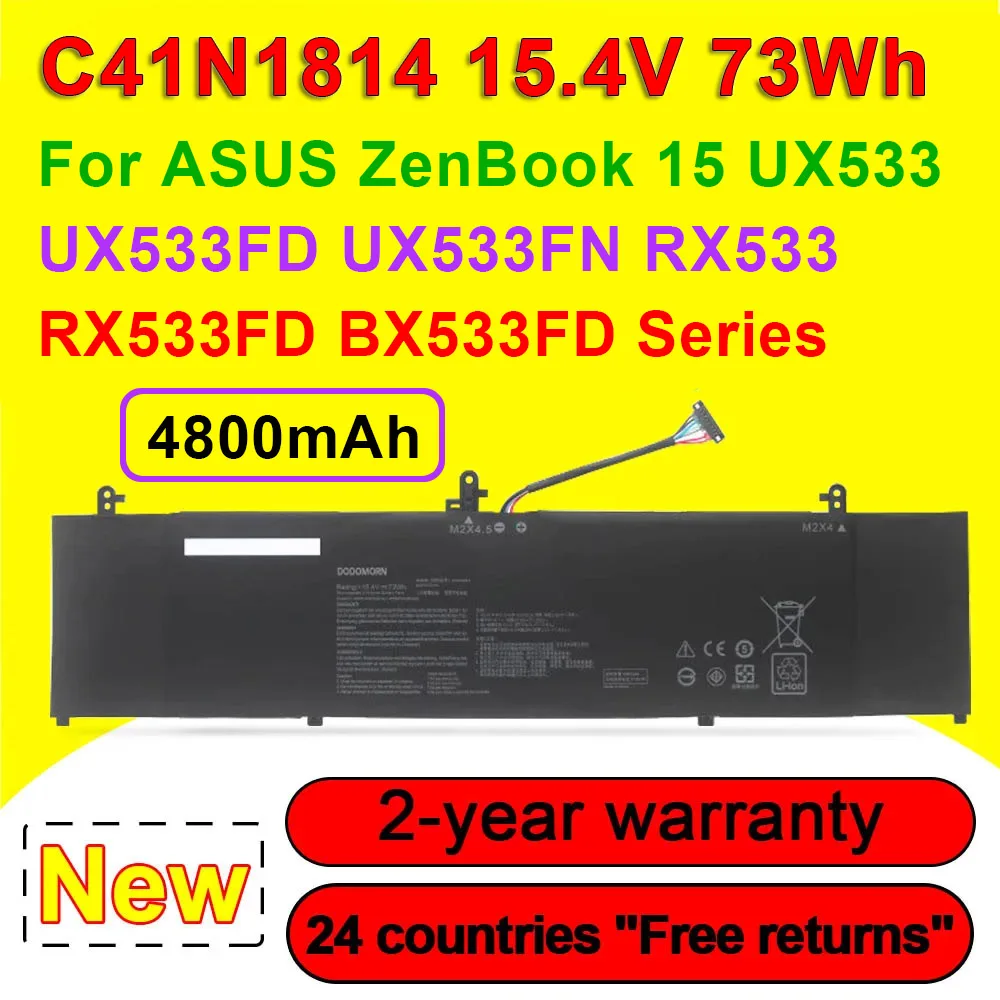 C41N1814 Laptop Battery For ASUS ZenBook 15 UX533 UX533FD UX533FN RX533 RX533FD BX533FD Series 4ICP4/73/110 15.4V 73Wh 4800mAh