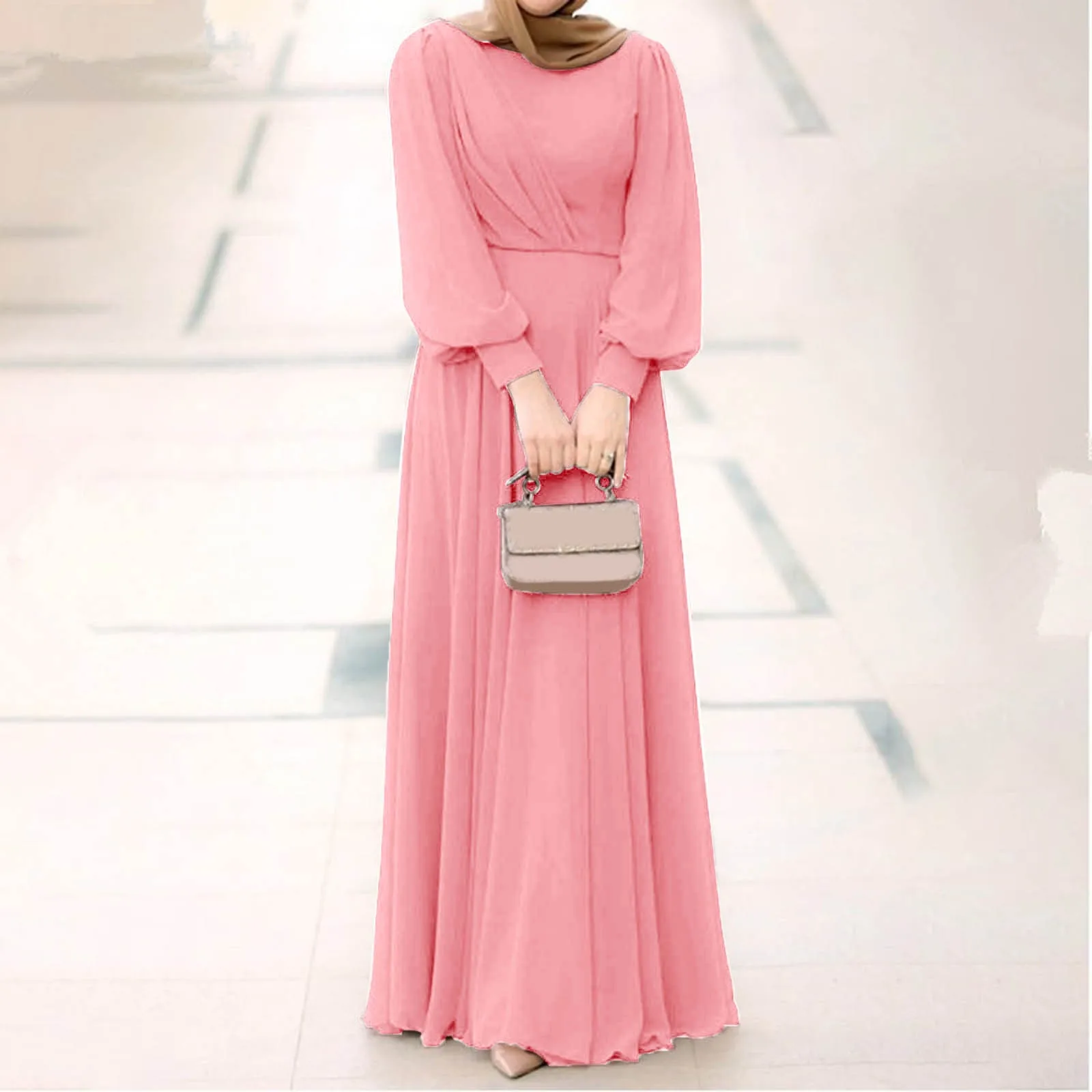 Elegant Abaya Dubai Muslim Women's Maxi Dress Solid Color Puff Sleeve Casual Pleated Temperament Dress Turkey Islamic Clothing