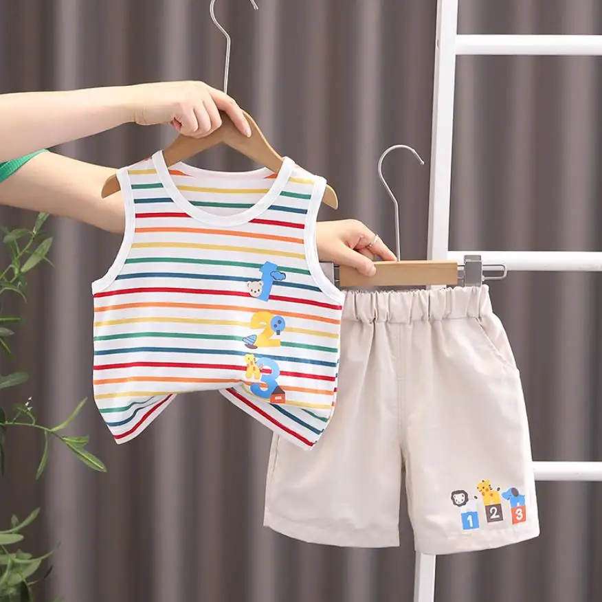 

Children Cartoon Sets 2025 Summer Designer Infant Clothes for Baby Boys Cartoon Colorful Striped Vest And Shorts Toddler Outfits