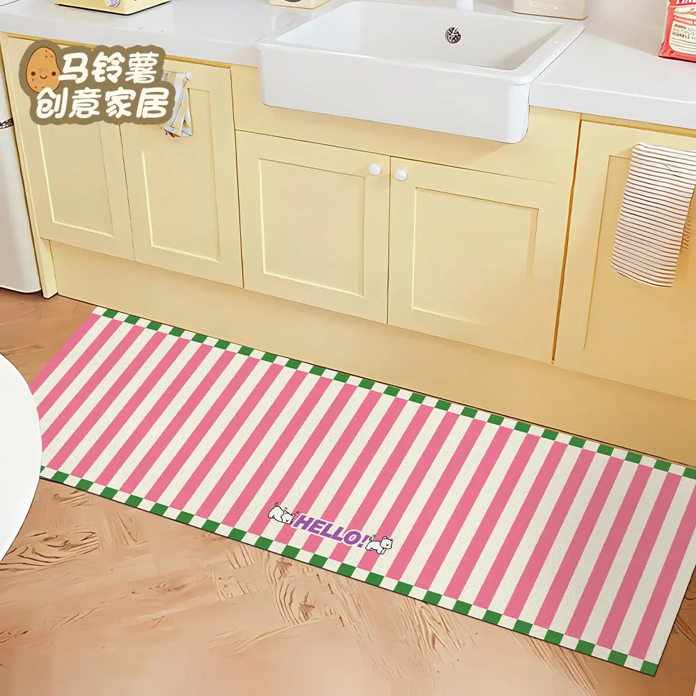 VIKAMA Striped Cartoon Puppy Kitchen Long Mat Diatom Mud Anti Slip Washable Korean Fresh Healing Entrance Corridor Doormat