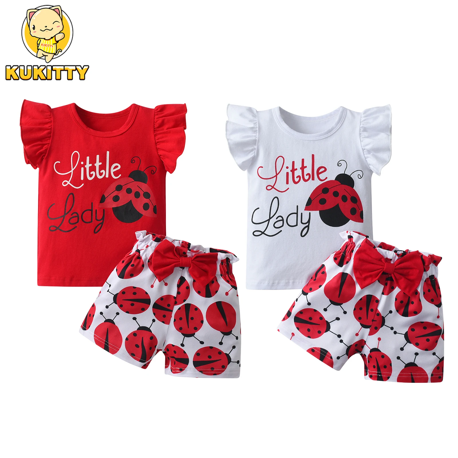 2PCS Kids Children Girls\' Summer Clothes Set New Short Sleeve O-Neck Top and Bowknot Shorts Insect Printed Outfits for Girls