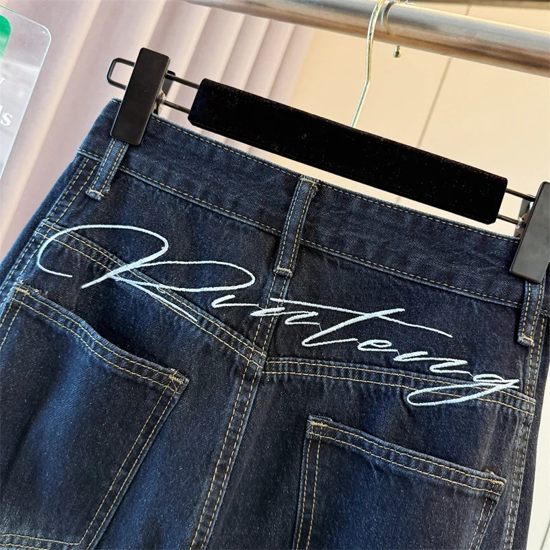Pantalones vaqueros de pierna ancha con cimitarra bordada azul y gris, pantalones de suelo sueltos rectos de cintura alta para mujer, pantalones vaqueros extendidos