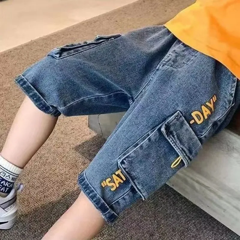 

Summer Boys' Thin Jeans for Outer Wearing Seven Leg Pants Super Soft Children's Casual Shorts New Style for Teenagers