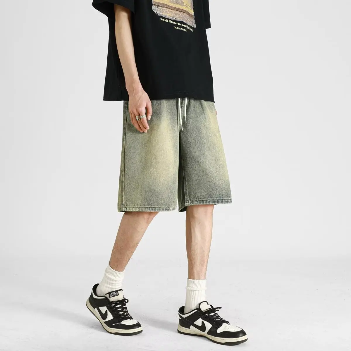 Shorts jeans masculinos, 2025 verão estilo fino retro solto marca de moda americana casual calças de comprimento médio de cinco polegadas
