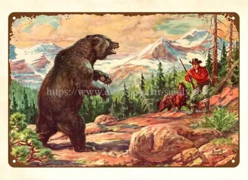 decorative window wall hanging 1955 hunting art bear horse hunter metal tin sign