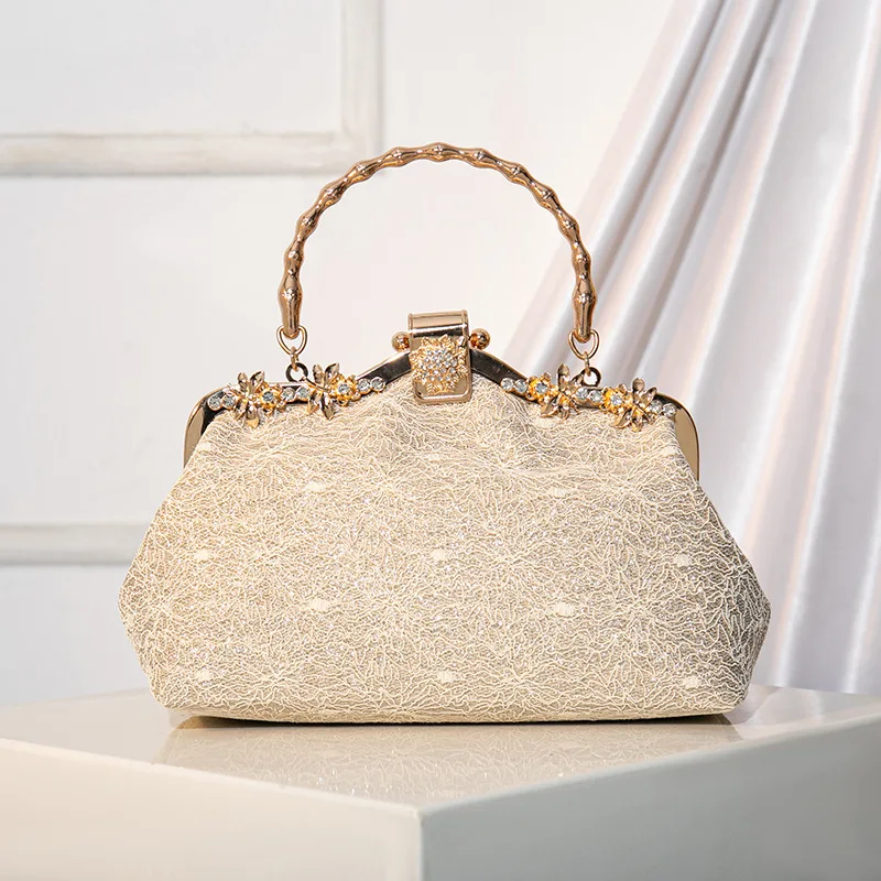 

Vintage Fashion Champagne Dinner Evening Bags Metal Handle Handbag For Women Wedding Party Bridal Small Clutch Prom Shoulder Bag