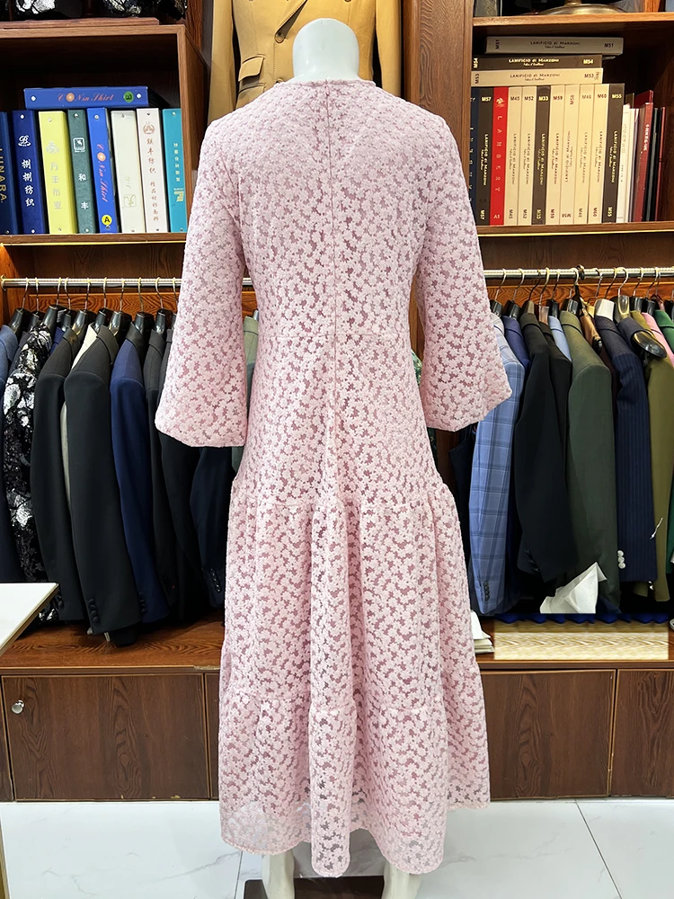 Customized women's round neck pink floral lace evening gown, adjustable in size and color, suitable for special occasions view 2