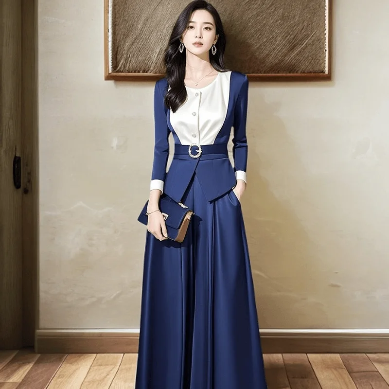 Lente 2025 Nieuwe Elegante Damespak Franse Mode Single Berasted Jas Top Met Riem + Wijde Pijpen Broek 2-delige Set Kantoor OL