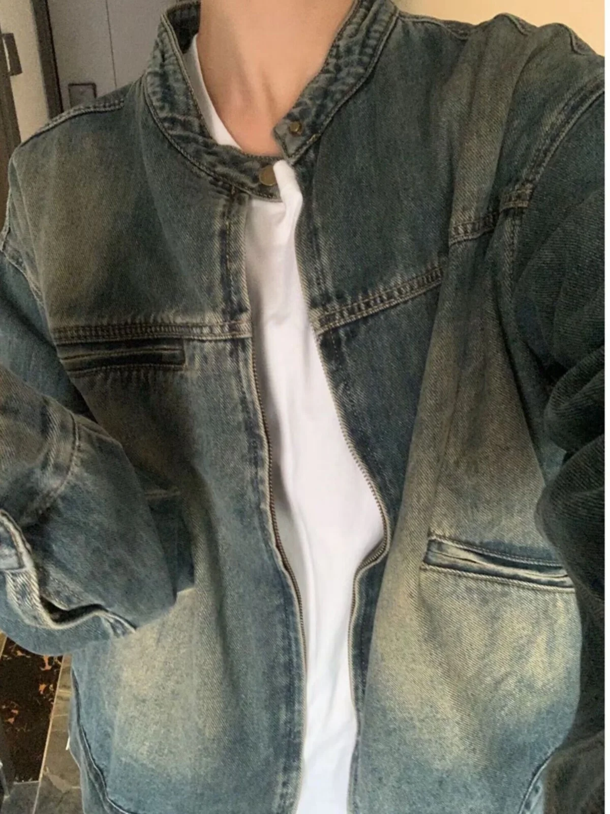 

Винтажный синий джинсовый тюнер, весенне-осенний повседневный свободный крой, мужская уличная одежда, универсальный джинсовый тюнер для пар, длинный свеч Zi...