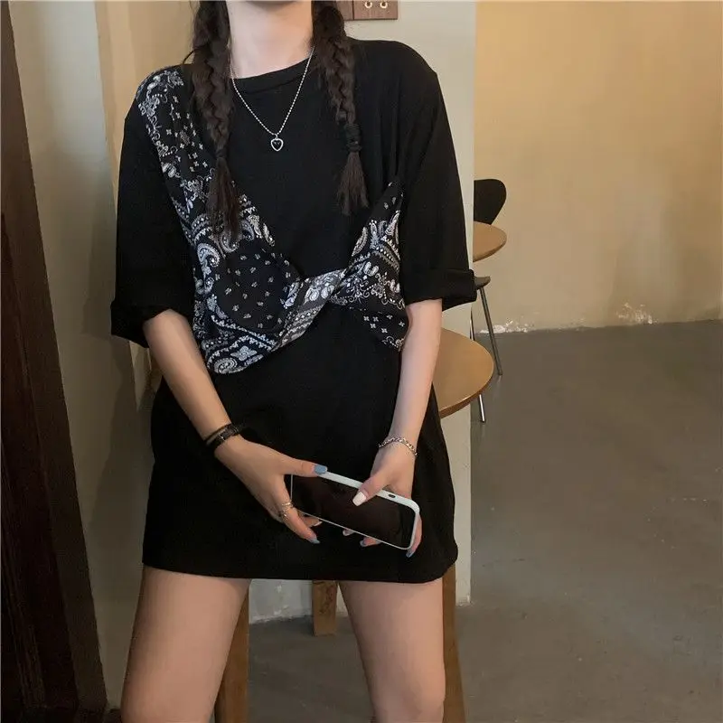 Summer New Patchwork Contrast T Shirts Short Sleeve Loose Solid Fake Two Pieces Casual Tops Tees Korean Fashion Women Clothing