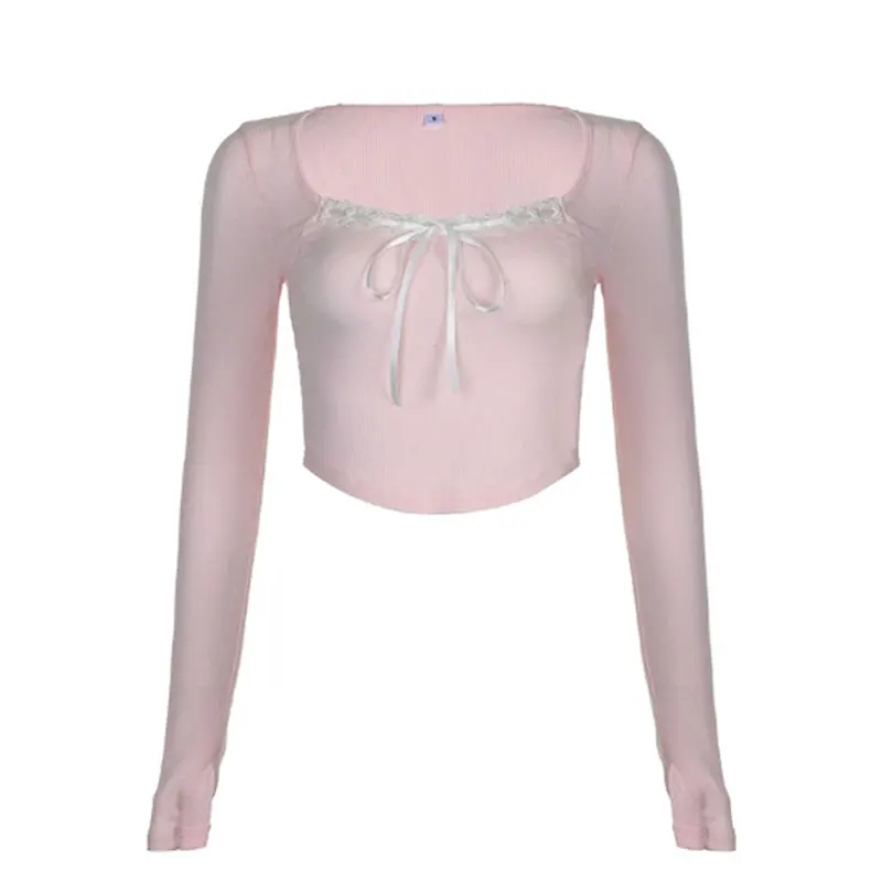 CLBBAR Cute Bandage Bow Cropped Top Pink Sweet Coquette Sweet T Shirts Fall Spring Casual Square Collar Tees Women y2k Aesthetic