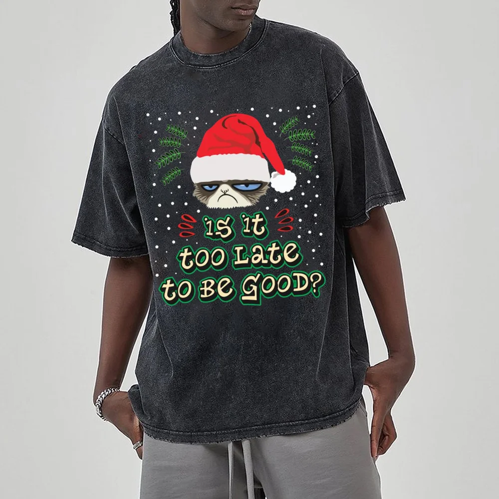 Funny Santa's Hat Printed T Shirt Holiday Merry Christmas Washed Cotton T-Shirt New Year Tees Women Harajuku Summer Short Sleeve
