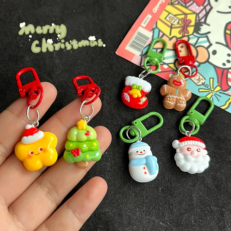 Cute Christmas Key Chain Cartoon Gingerbread Man Santa Snowman Doll Pendant Xmas Tree/Sock Key Ring Backpack Charms Bag Decor