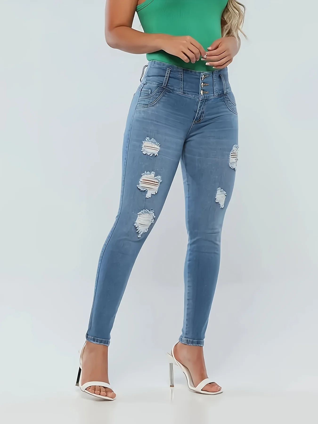 

European And American Cross-Border High-Waist Stretch Slim Jeans For Women's Design Ripped Versatile Jeans