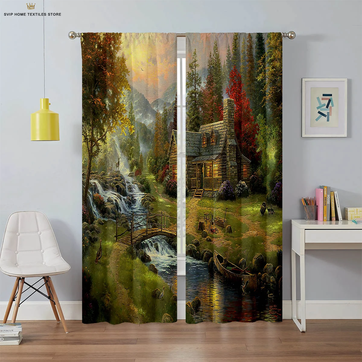 

Classical Landscape Oil Painting 3d Stereo Printing Curtain Bedroom Study Dormitory Decorative Curtain Rod Pocket 2 Pieces