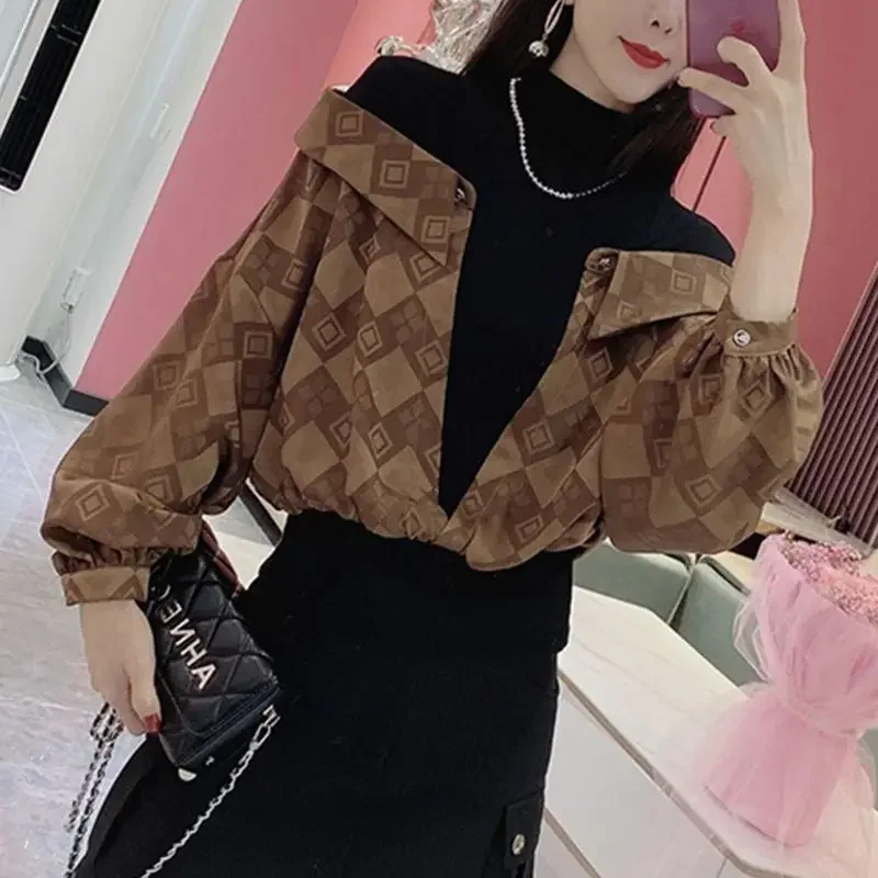 

Korean Half High Collar Loose Spring Autumn Commute Plaid Printed Shirt Fashion Fake Two Pieces Spliced Blouse Female Clothing