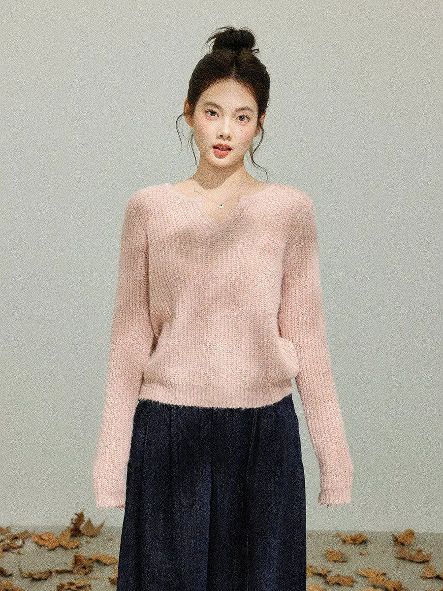 

Вязаный свитер Linyunyun в корейском стиле, розовый, женский, простой, с длинными рукавами, теплый, мягкий, с V-образным вырезом, свободного кроя, для осени