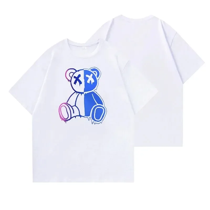 Camiseta estampada de urso dos desenhos animados, camiseta monocromática com gola o, tops de rua hip-hop, camiseta casual clássica, moda verão,